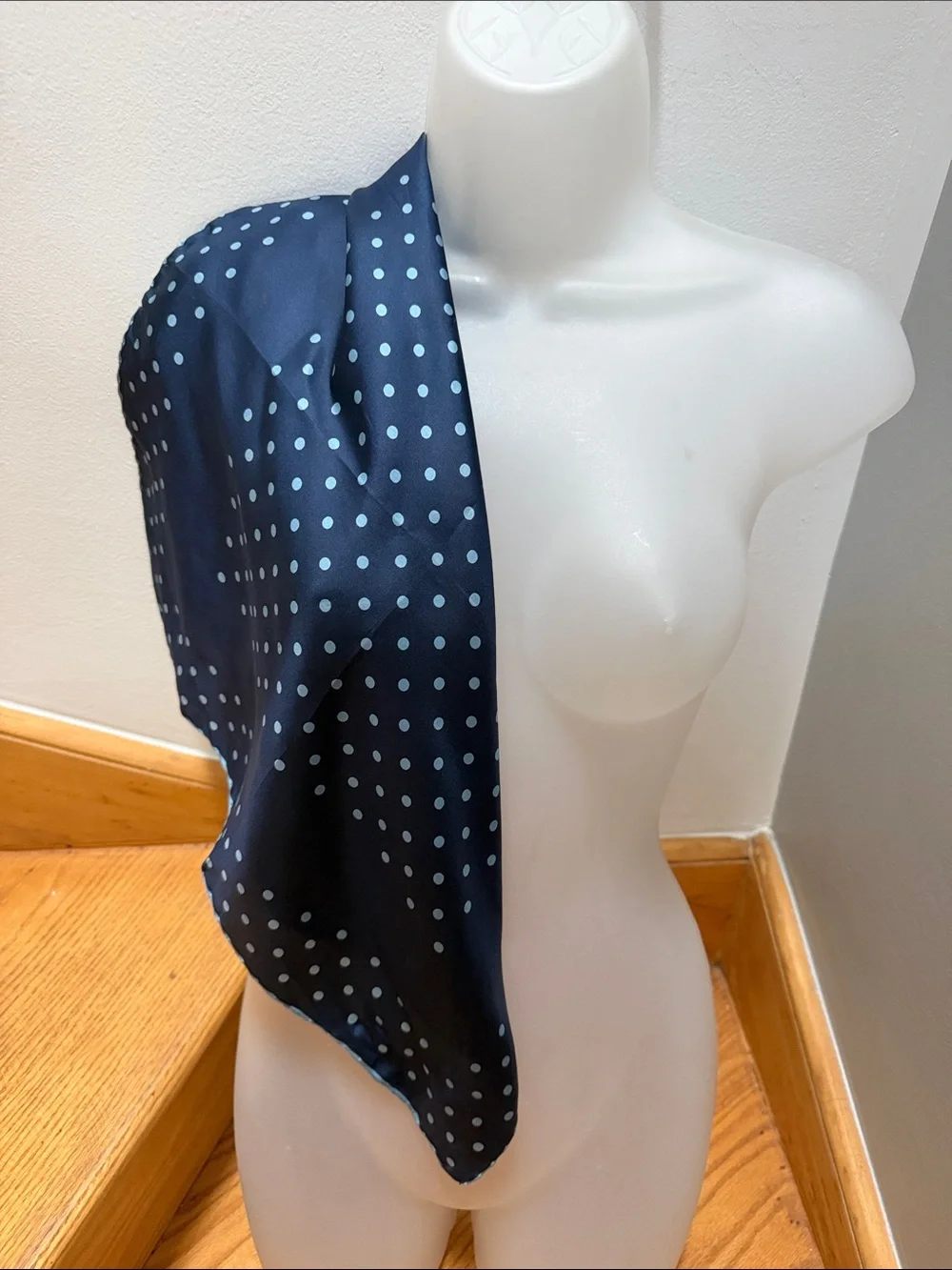 VTG Timeless Navy Blue Polka Dot Square Silk Scarf | Neck / Hair Scarf